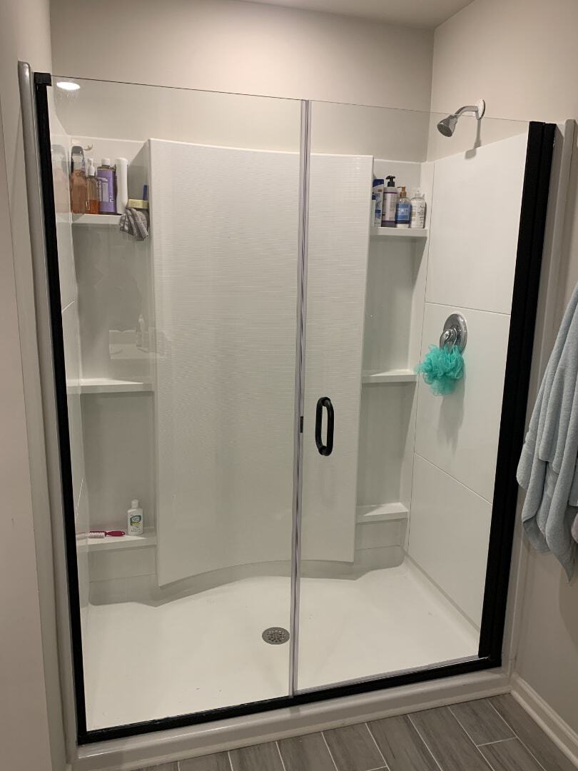 Alumax 300CV-HG continuous hinge semi-frameless shower.  Best solution for fiberglass shower stalls or situations without proper wall support.